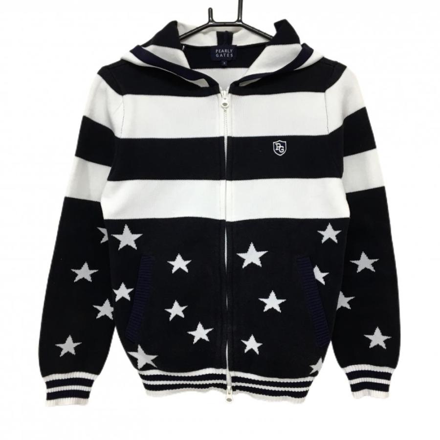 パーリーゲイツ ニットジップパーカー 白×ネイビー ボーダー 星柄